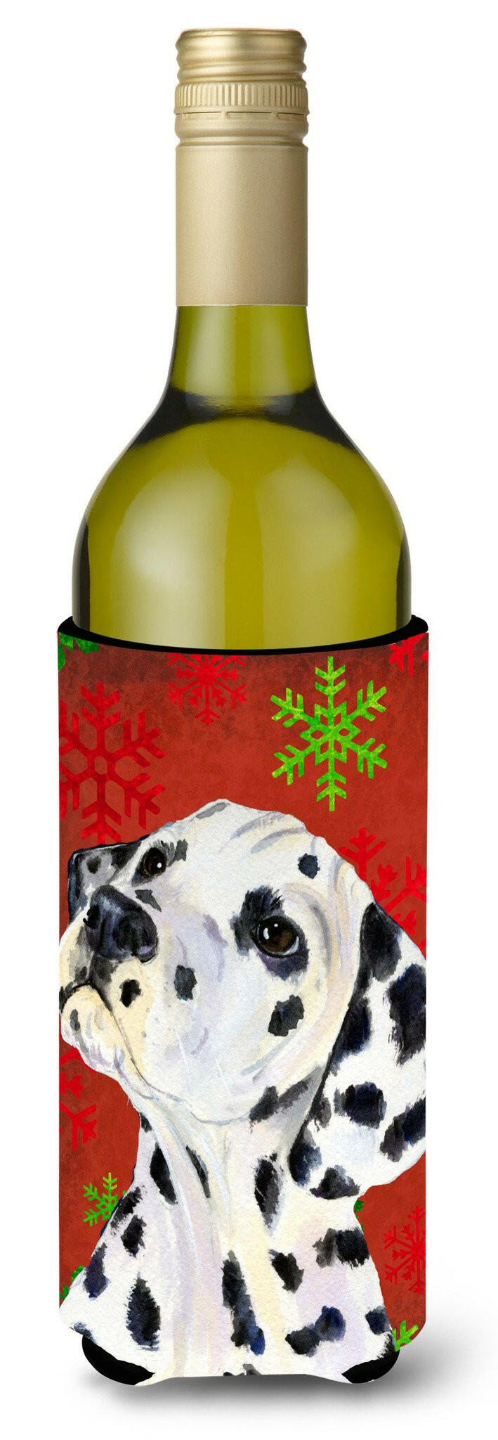 Dalmatian Red and Green Snowflakes Holiday Christmas Wine Bottle Beverage Insulator Beverage Insulator Hugger by Caroline's Treasures