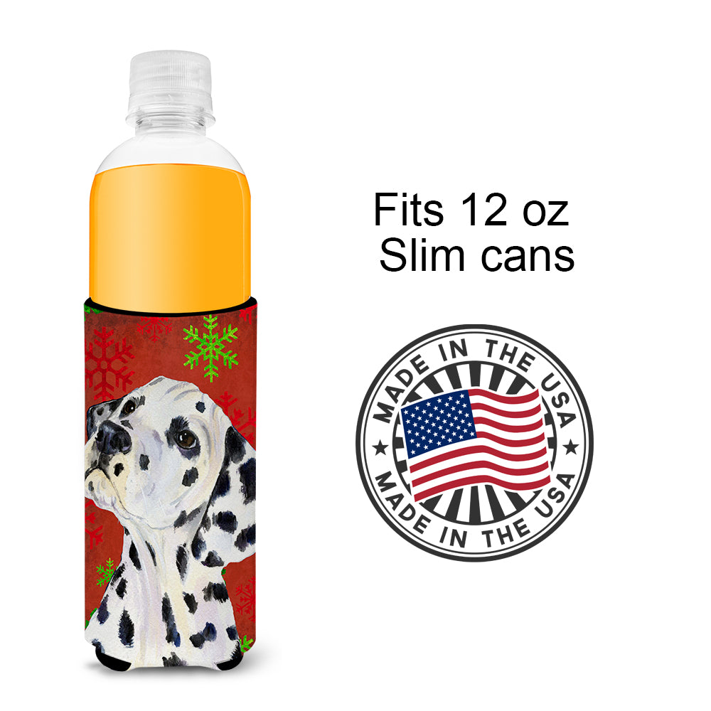 Dalmatian Red and Green Snowflakes Holiday Christmas Ultra Beverage Insulators for slim cans SS4699MUK.