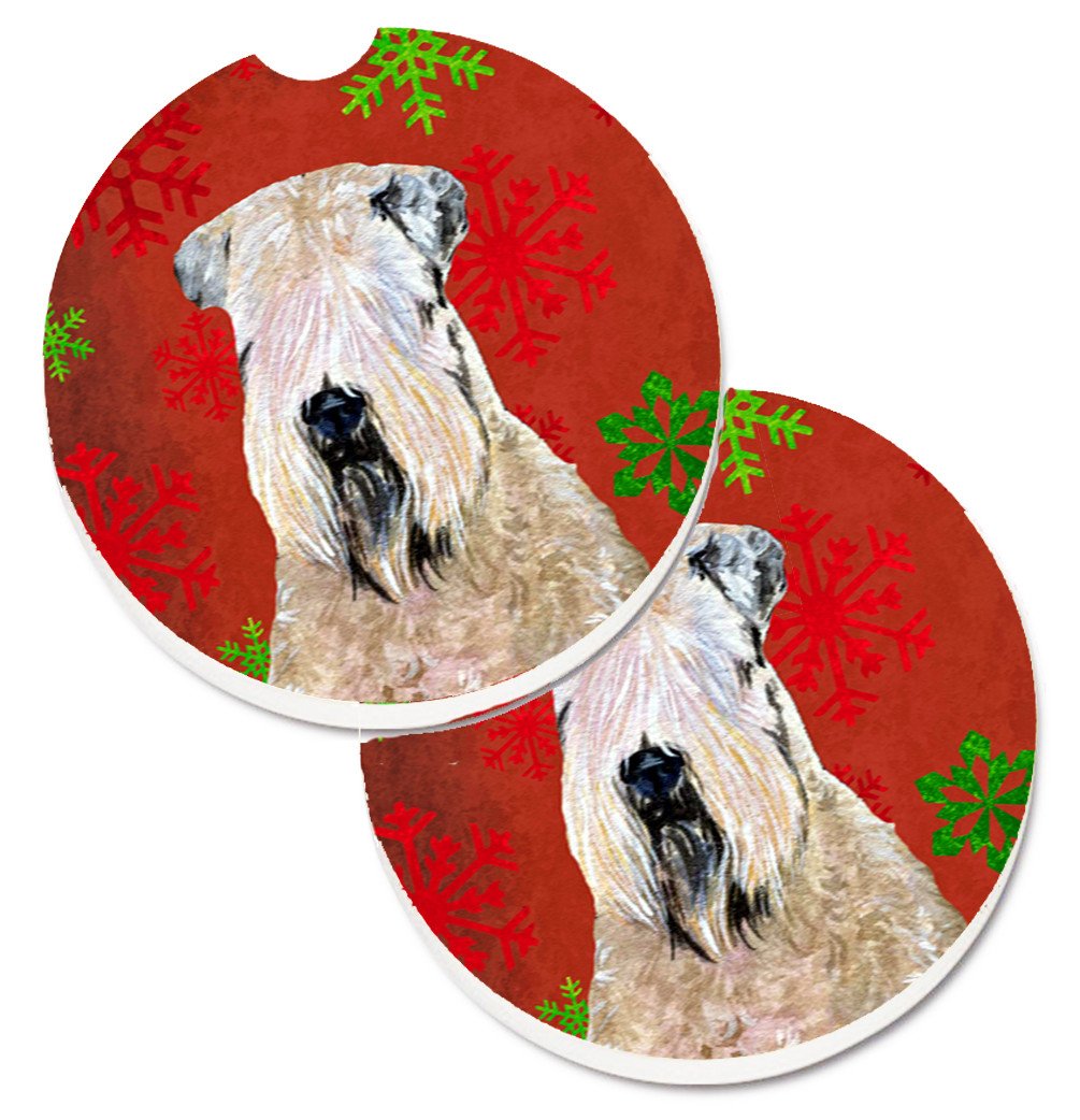 Wheaten Terrier Soft Coated Red Snowflakes Holiday Christmas Set of 2 Cup Holder Car Coasters SS4700CARC by Caroline&#39;s Treasures