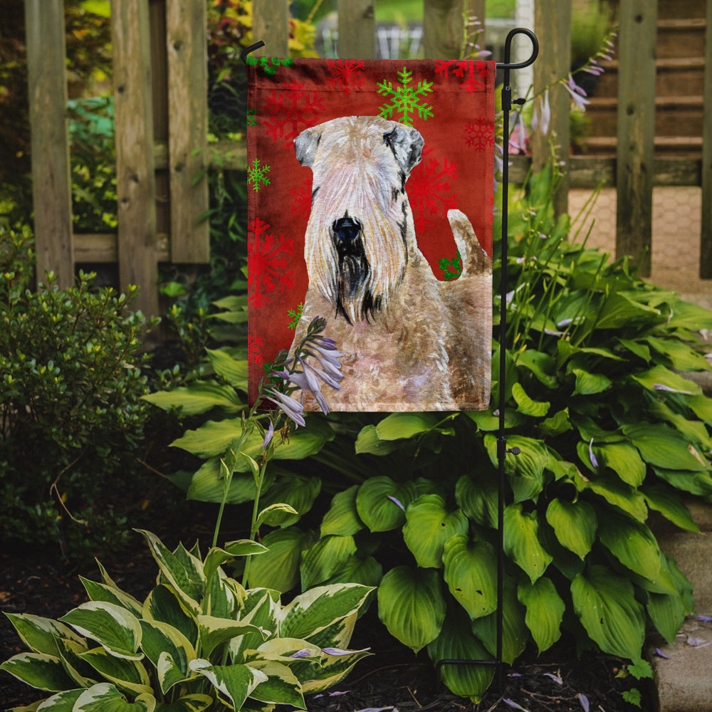 Wheaten Terrier Soft Coated Red Snowflakes Holiday Christmas Flag Garden Size.