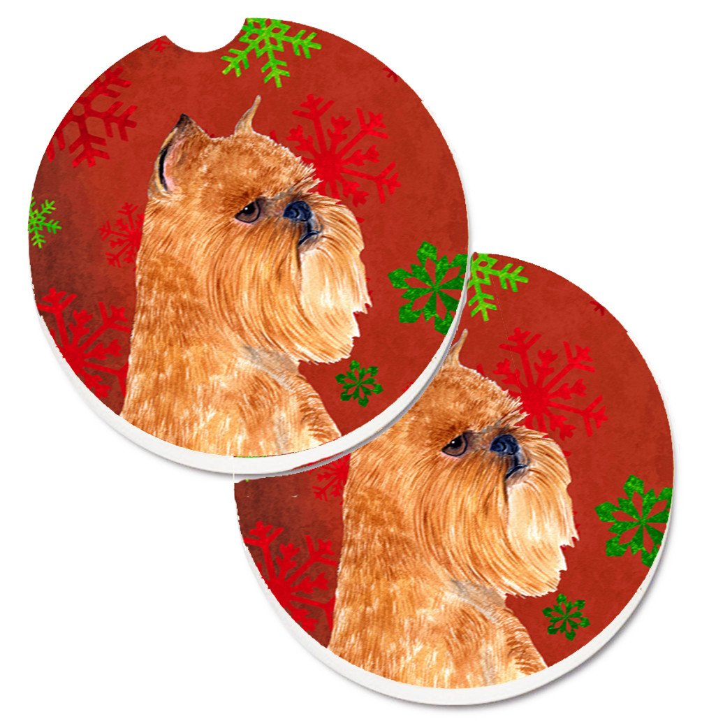 Brussels Griffon Red and Green Snowflakes Holiday Christmas Set of 2 Cup Holder Car Coasters SS4701CARC by Caroline&#39;s Treasures