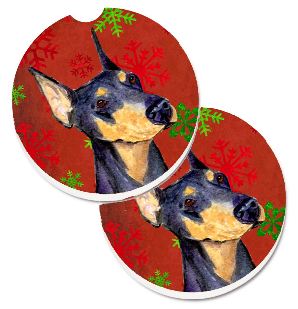 Doberman Red and Green Snowflakes Holiday Christmas Set of 2 Cup Holder Car Coasters SS4702CARC by Caroline&#39;s Treasures
