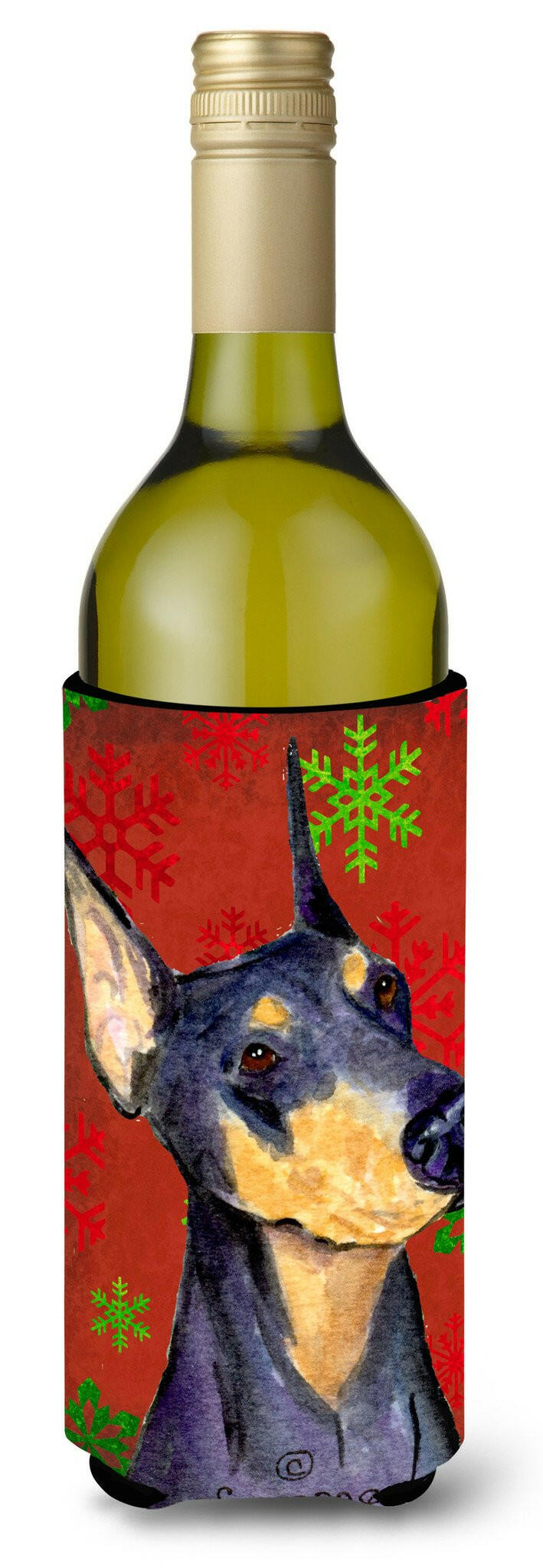 Doberman Red and Green Snowflakes Holiday Christmas Wine Bottle Beverage Insulator by Caroline&#39;s Treasures