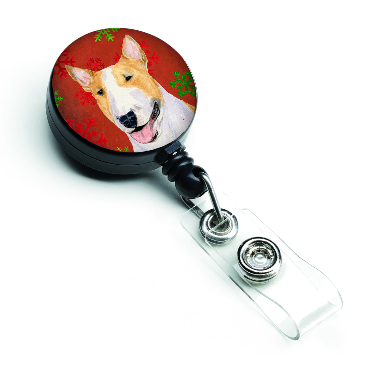 Bull Terrier Rouge et Vert Flocons de neige Holiday Christmas Retractable Badge Reel SS4703BR