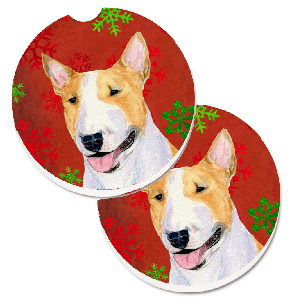 Bull Terrier Red and Green Snowflakes Holiday Christmas Set of 2 Cup Holder Car Coasters SS4703CARC by Caroline&#39;s Treasures
