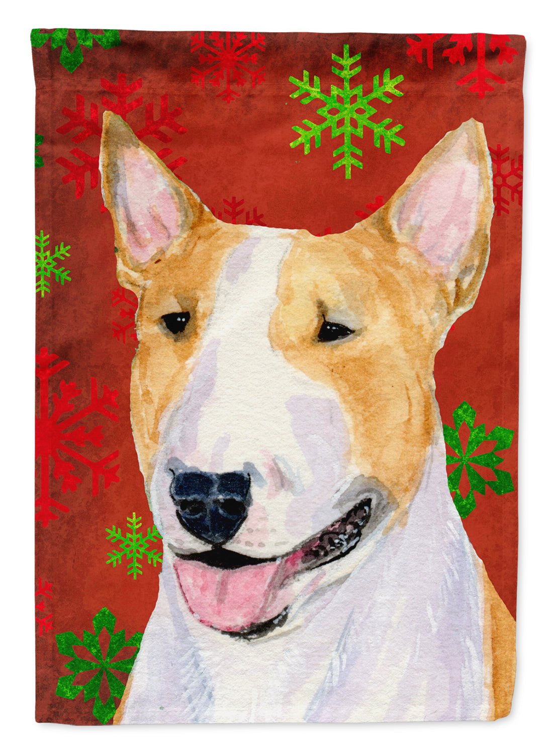 Bull Terrier Red and Green Snowflakes Holiday Christmas Flag Canvas House Size  the-store.com.