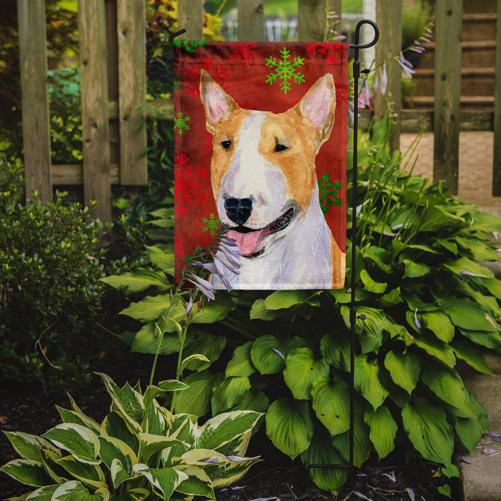 Bull Terrier Red and Green Snowflakes Holiday Christmas Flag Garden Size.
