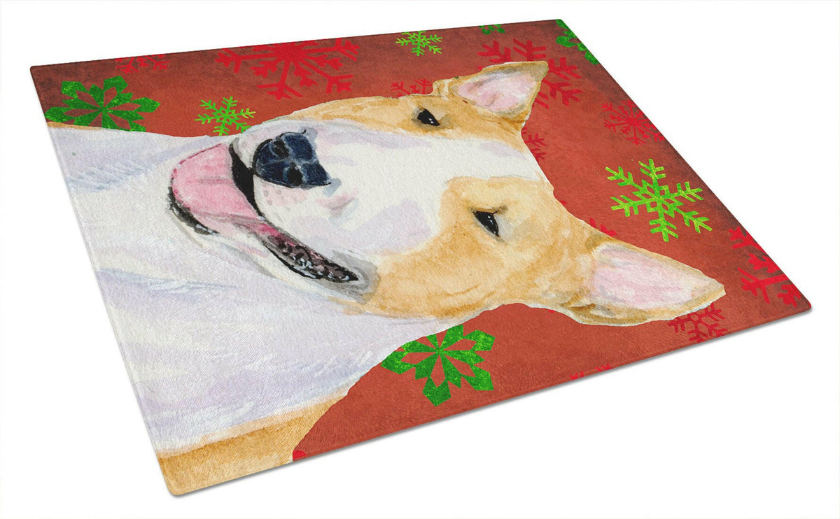 Bull Terrier Red and Green Snowflakes Christmas Glass Cutting Board Large by Caroline&#39;s Treasures