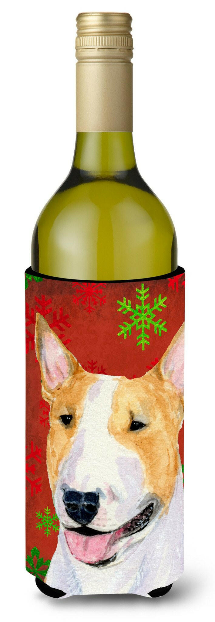 Bull Terrier Red and Green Snowflakes Holiday Christmas Wine Bottle Beverage Insulator by Caroline's Treasures
