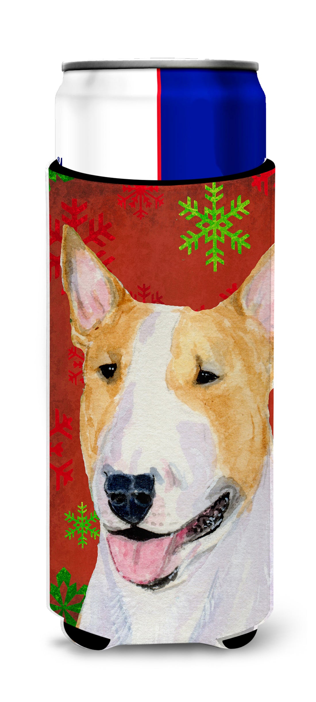 Bull Terrier Red and Green Snowflakes Holiday Christmas Ultra Beverage Insulators for slim cans SS4703MUK.