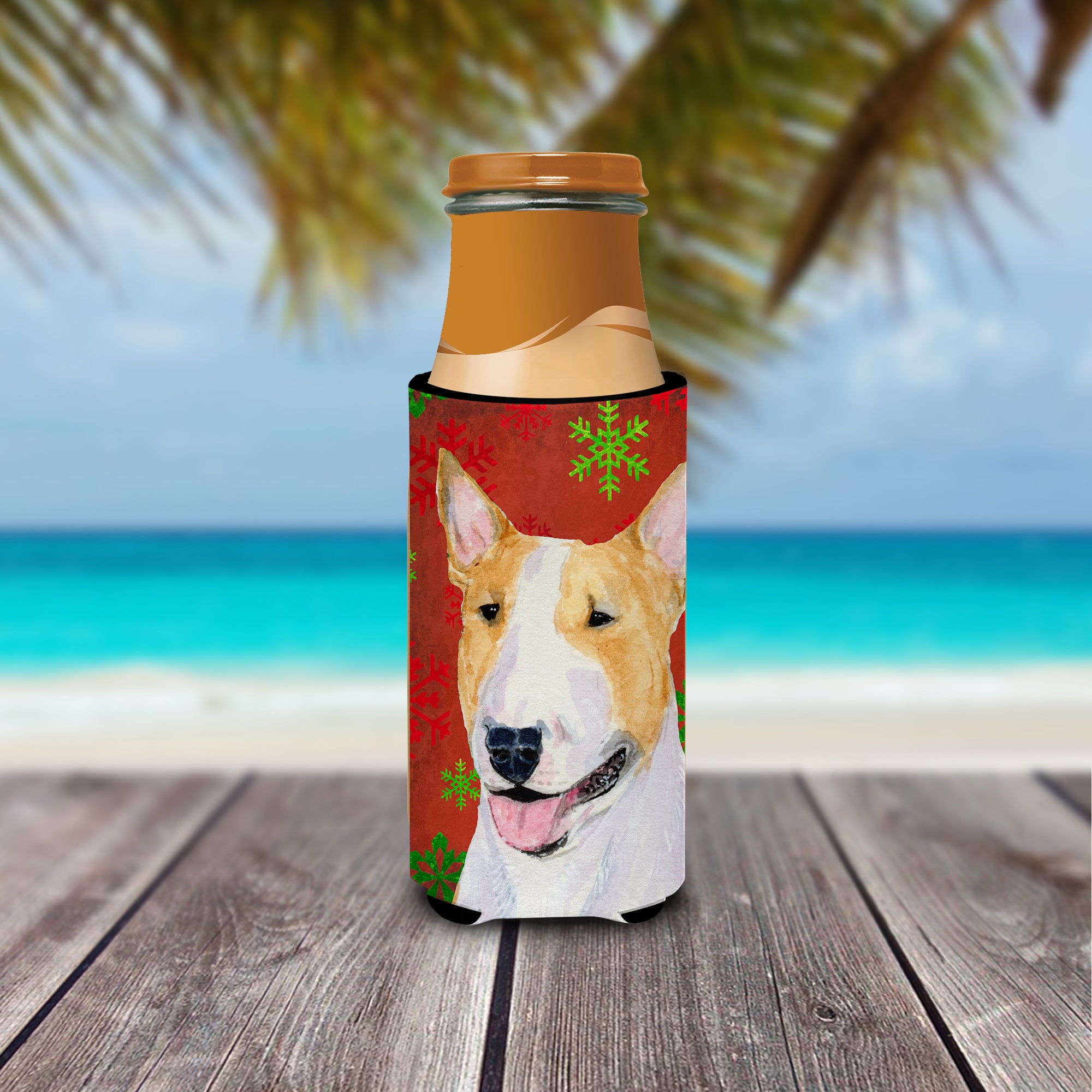 Bull Terrier Red and Green Snowflakes Holiday Christmas Ultra Beverage Insulators for slim cans SS4703MUK.