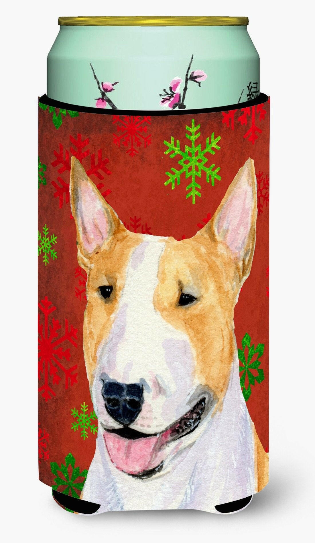 Bull Terrier Red and Green Snowflakes Holiday Christmas  Tall Boy Beverage Insulator Beverage Insulator Hugger by Caroline&#39;s Treasures