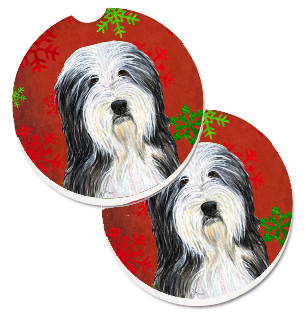 Bearded Collie Red and Green Snowflakes Holiday Christmas Set of 2 Cup Holder Car Coasters SS4704CARC by Caroline&#39;s Treasures