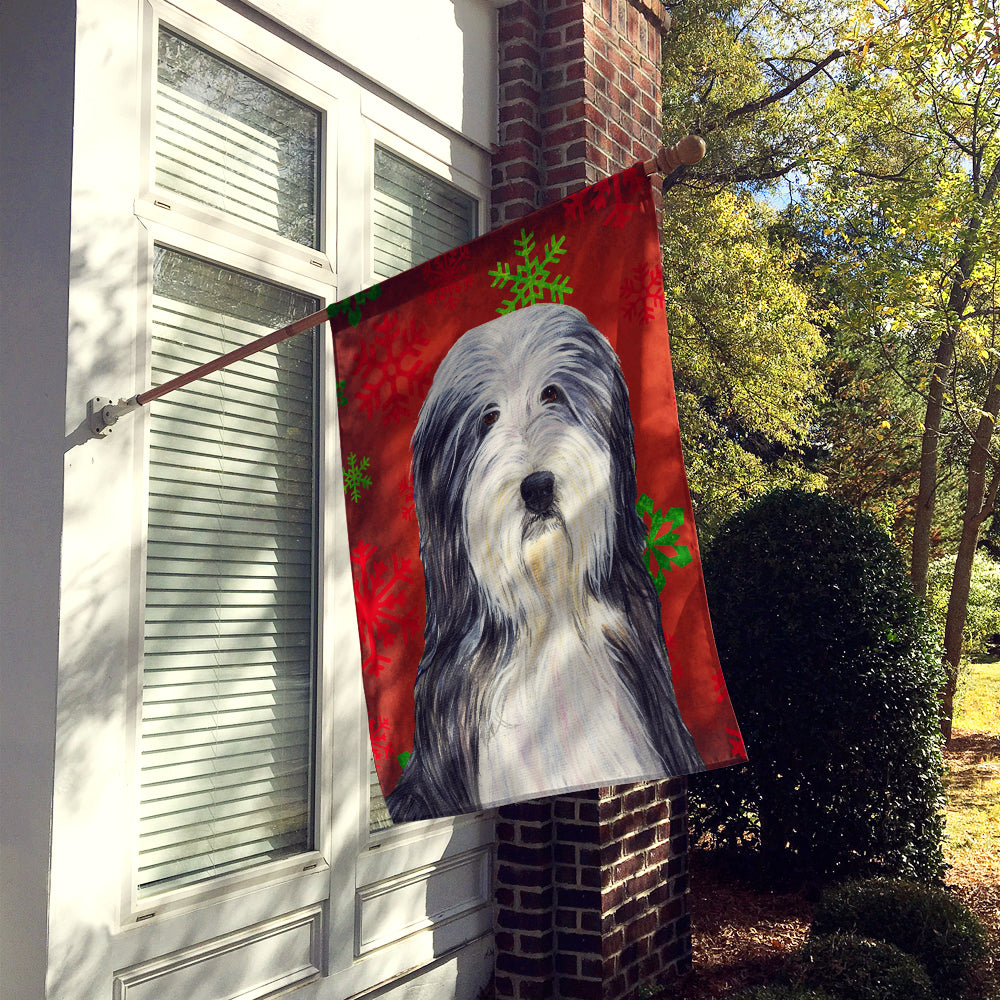 Bearded Collie Red Green Snowflakes Holiday Christmas Flag Canvas House Size  the-store.com.