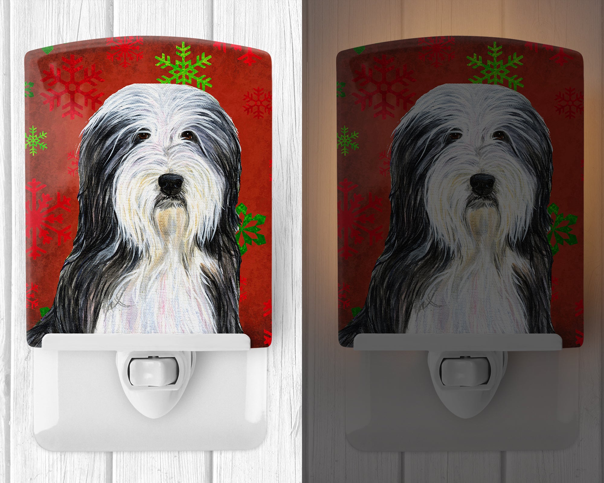 Bearded Collie Red and Green Snowflakes Holiday Christmas Ceramic Night Light SS4704CNL - the-store.com