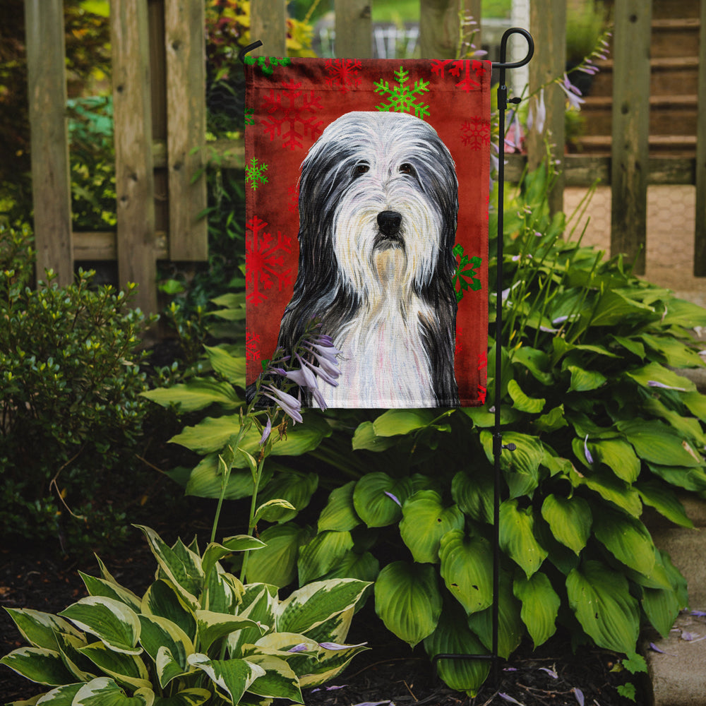 Bearded Collie Red and Green Snowflakes Holiday Christmas Flag Garden Size.
