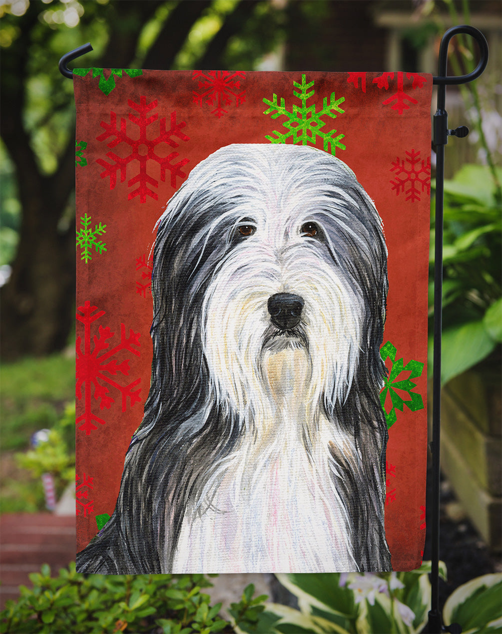 Bearded Collie Red and Green Snowflakes Holiday Christmas Flag Garden Size