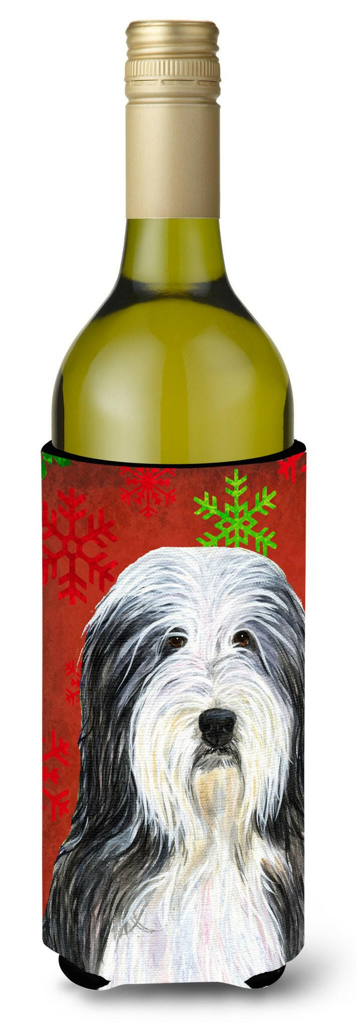 Bearded Collie Red and Green Snowflakes Holiday Christmas Wine Bottle Beverage Insulator by Caroline&#39;s Treasures