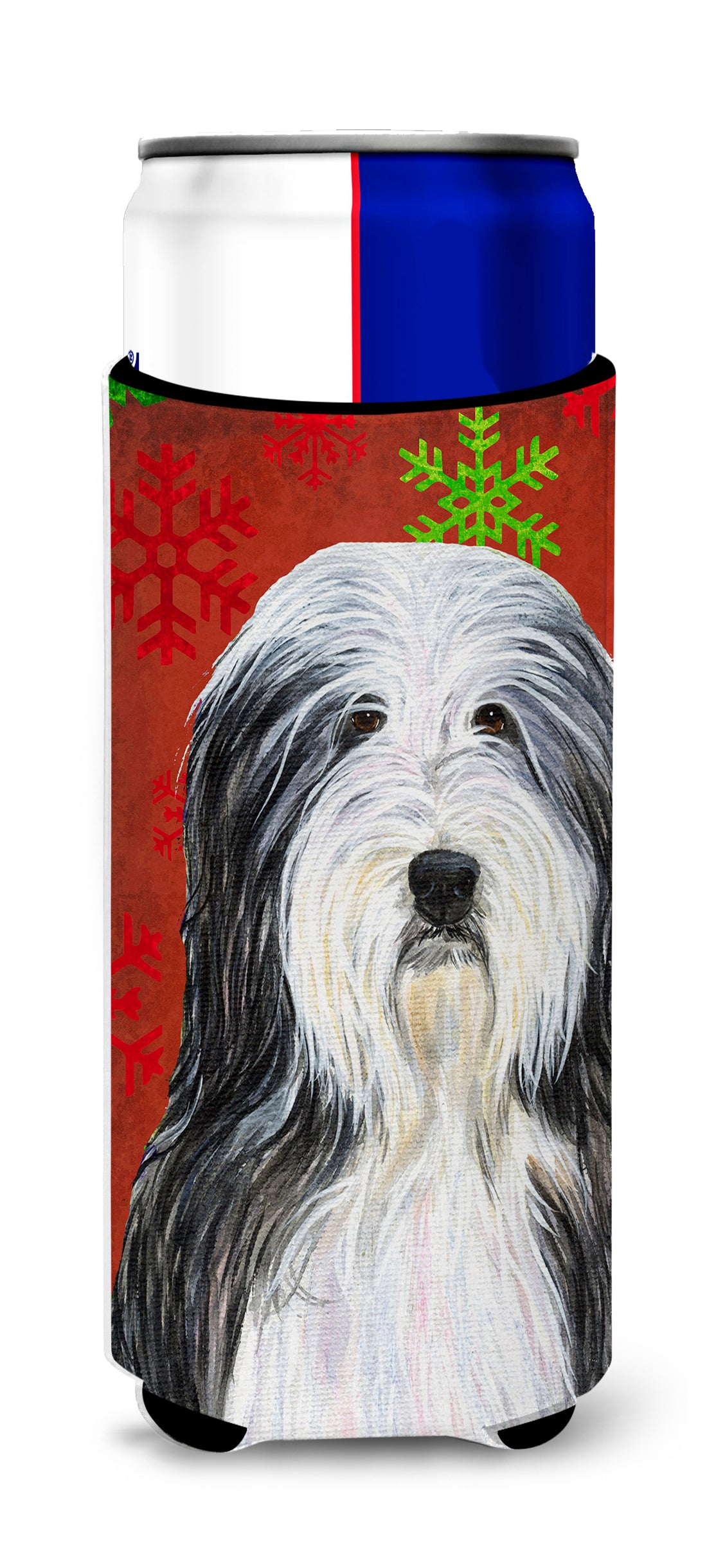 Bearded Collie Red and Green Snowflakes Holiday Christmas Ultra Beverage Insulators for slim cans SS4704MUK.