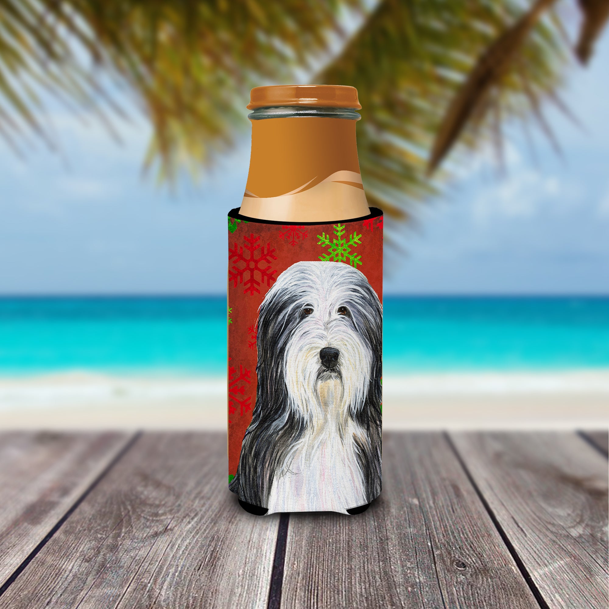 Bearded Collie Red and Green Snowflakes Holiday Christmas Ultra Beverage Insulators for slim cans SS4704MUK.