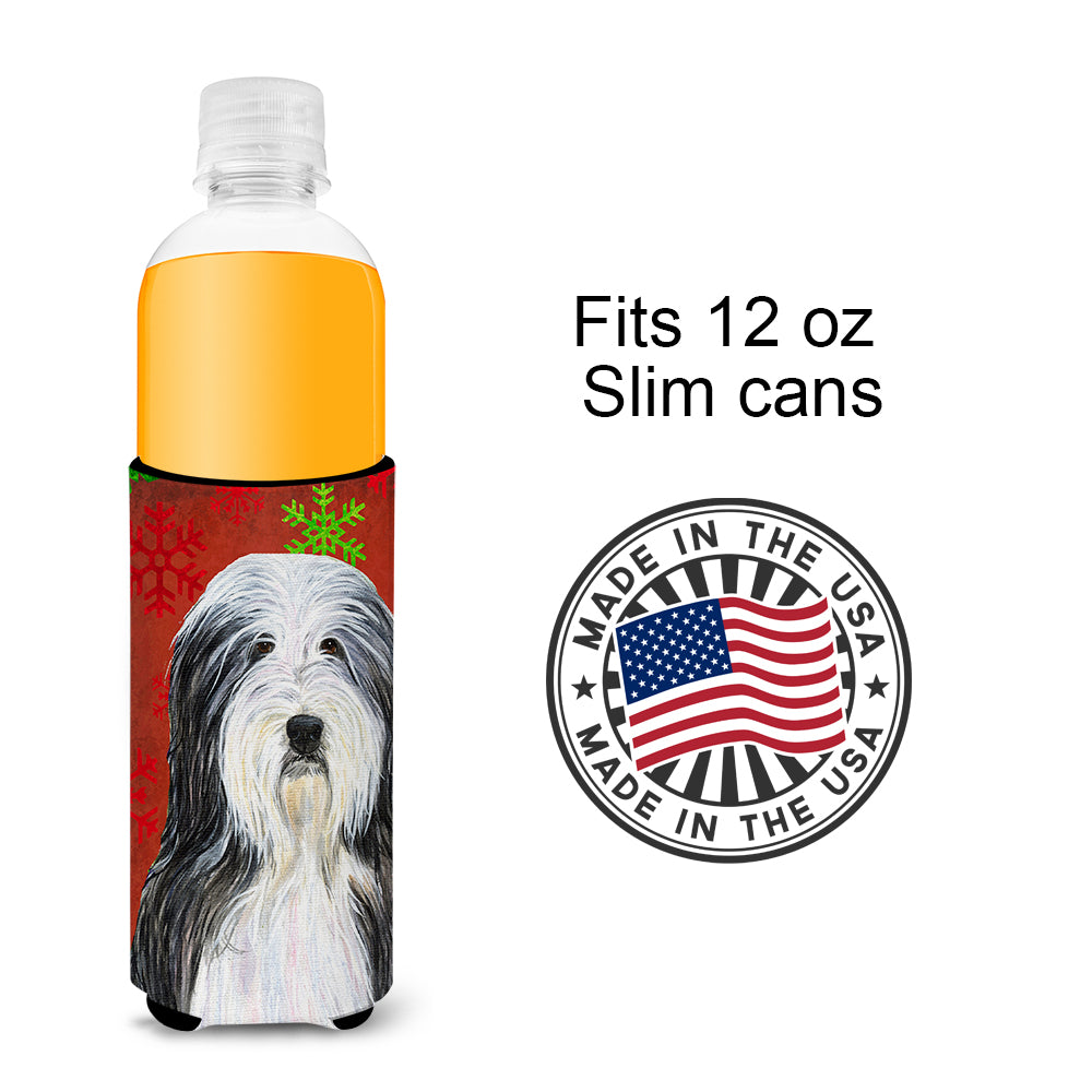 Bearded Collie Red and Green Snowflakes Holiday Christmas Ultra Beverage Insulators for slim cans SS4704MUK
