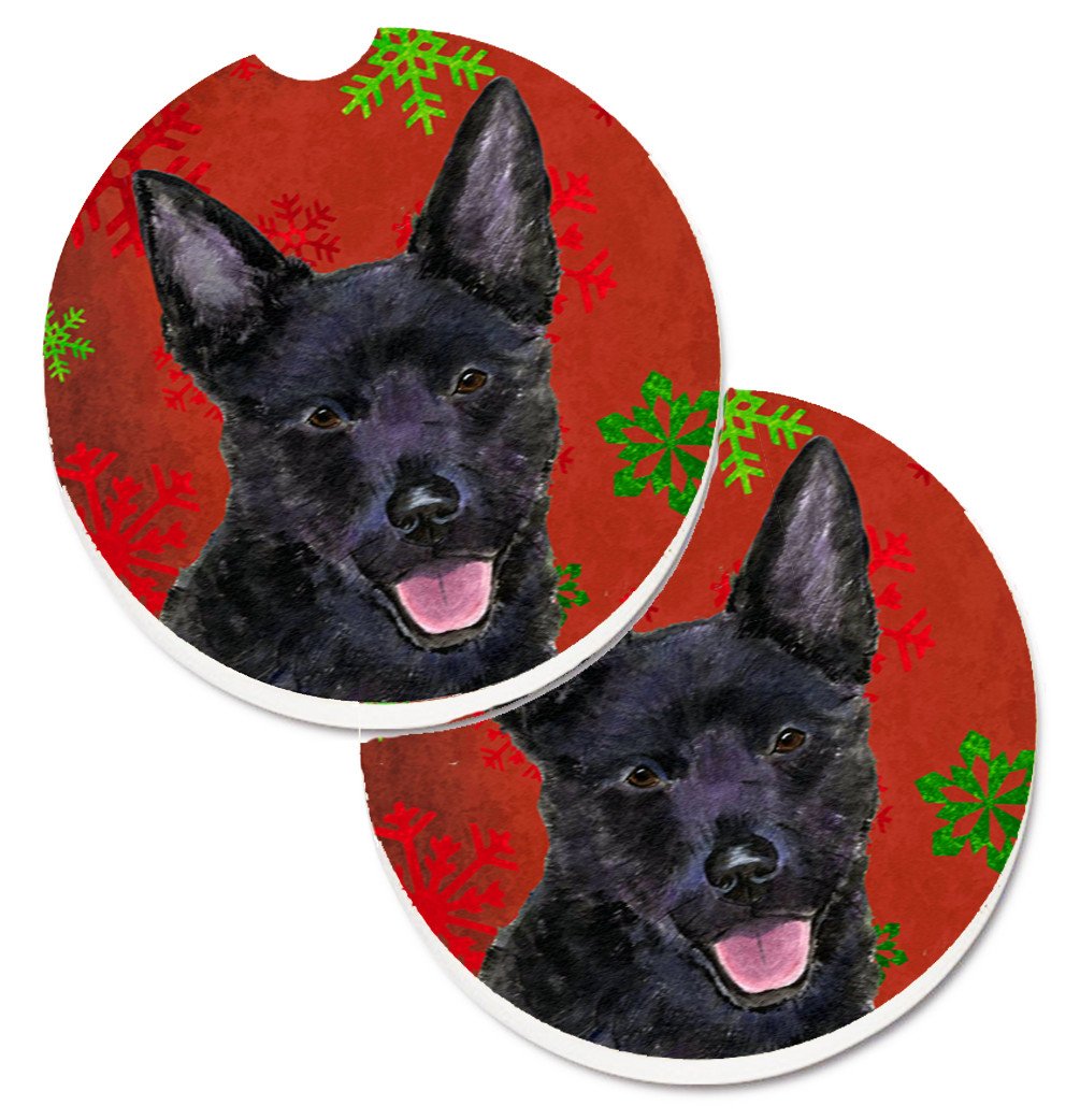 Australian Kelpie Red Green Snowflakes Christmas Set of 2 Cup Holder Car Coasters SS4705CARC by Caroline&#39;s Treasures