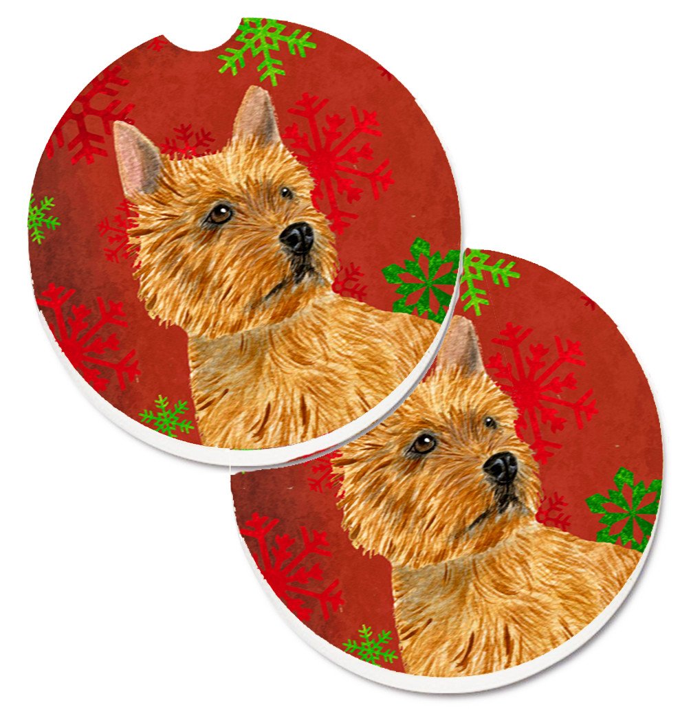 Norwich Terrier Red and Green Snowflakes Holiday Christmas Set of 2 Cup Holder Car Coasters SS4706CARC by Caroline&#39;s Treasures