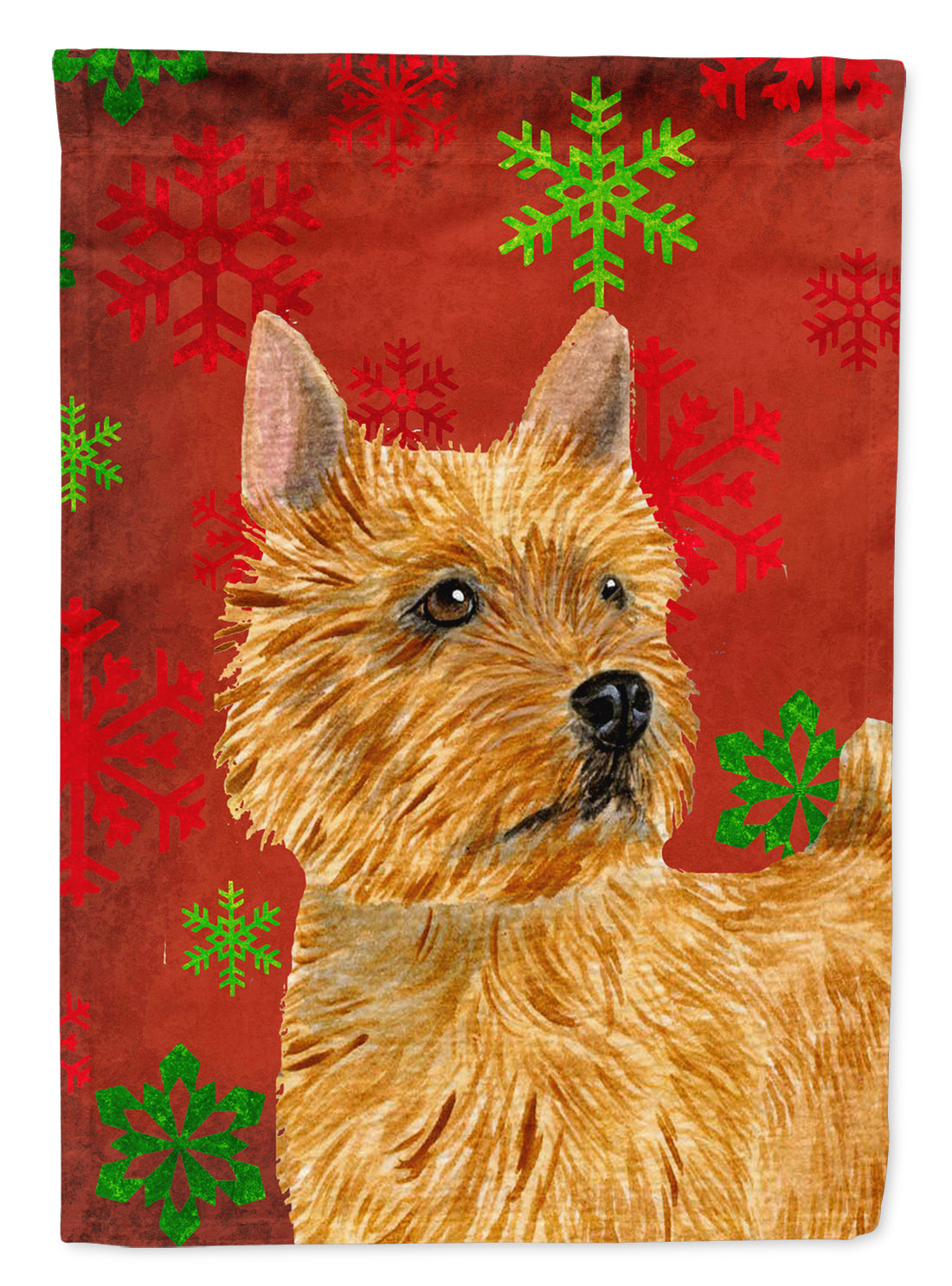 Norwich Terrier Red and Green Snowflakes Holiday Christmas Flag Garden Size.