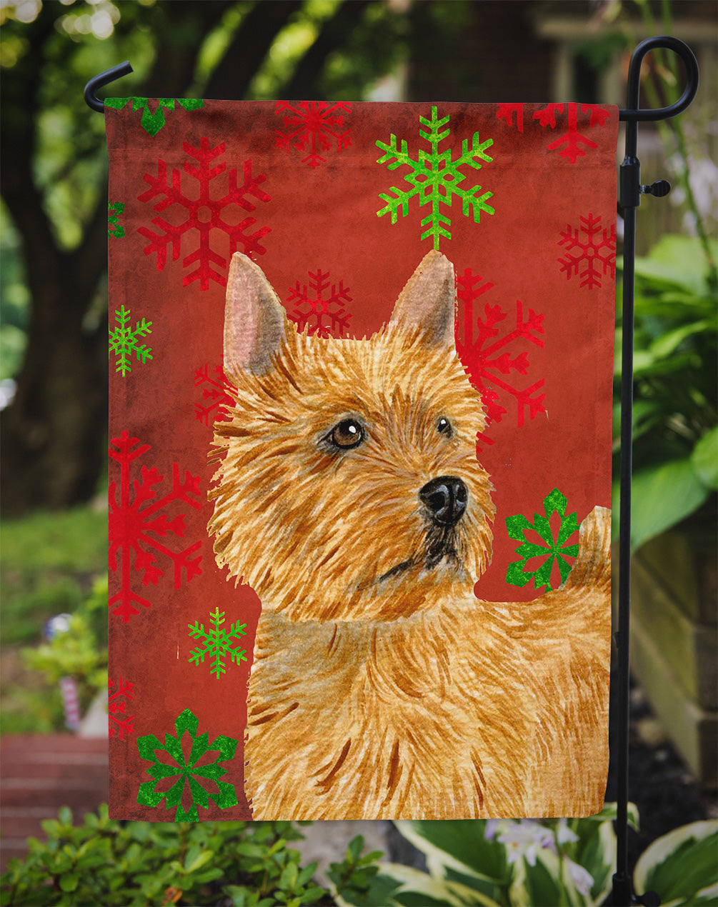 Norwich Terrier rouge et vert flocons de neige vacances drapeau de Noël taille de jardin