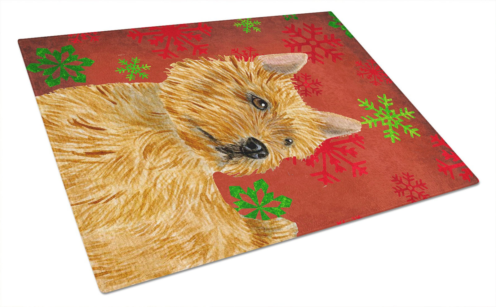 Norwich Terrier Red and Green Snowflakes Christmas Glass Cutting Board Large by Caroline's Treasures