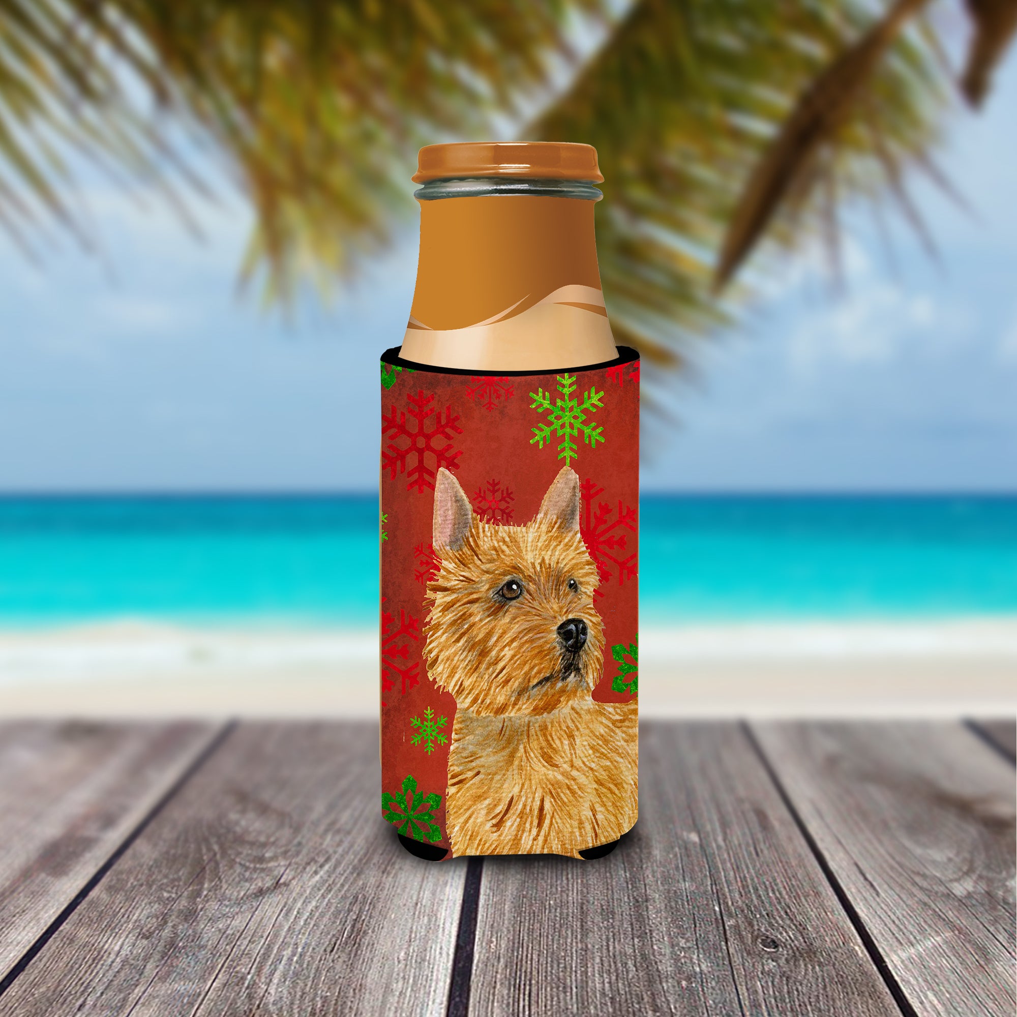 Norwich Terrier Red and Green Snowflakes Holiday Christmas Ultra Beverage Insulators for slim cans SS4706MUK.