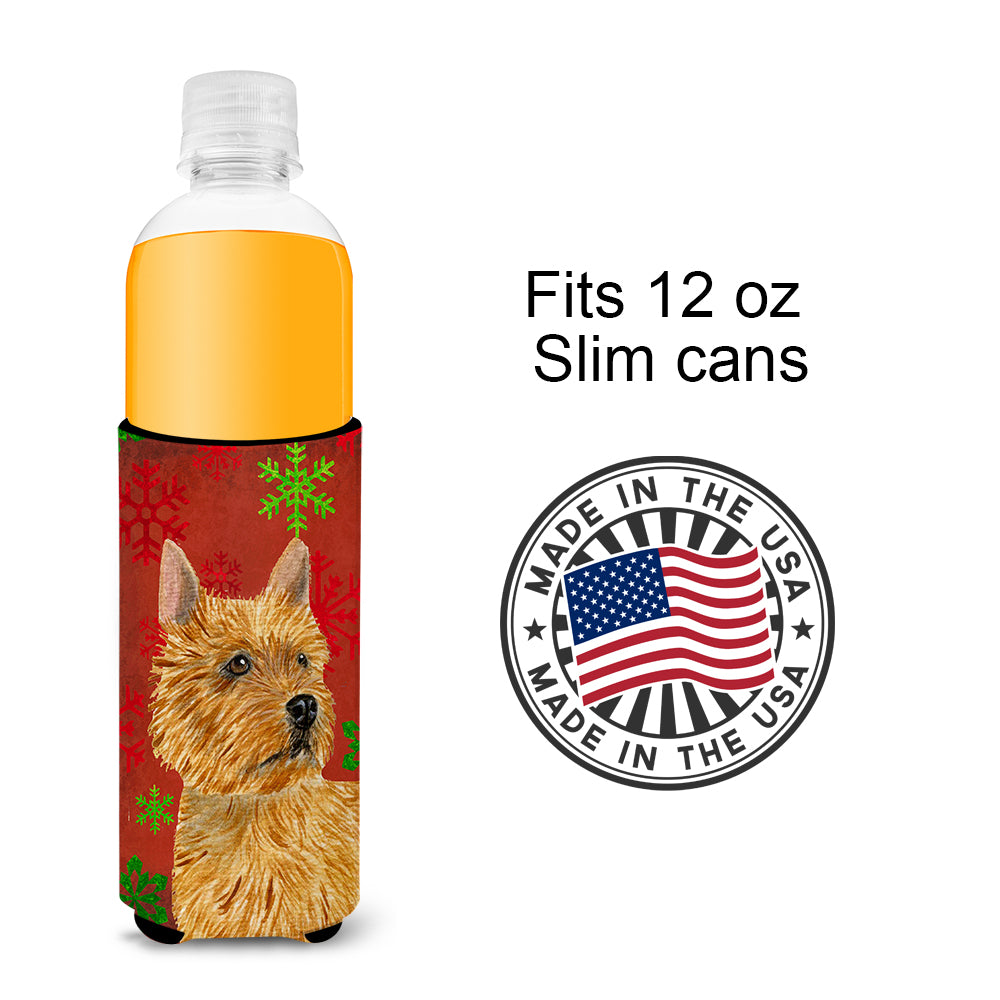 Norwich Terrier Red and Green Snowflakes Holiday Christmas Ultra Beverage Insulators for slim cans SS4706MUK
