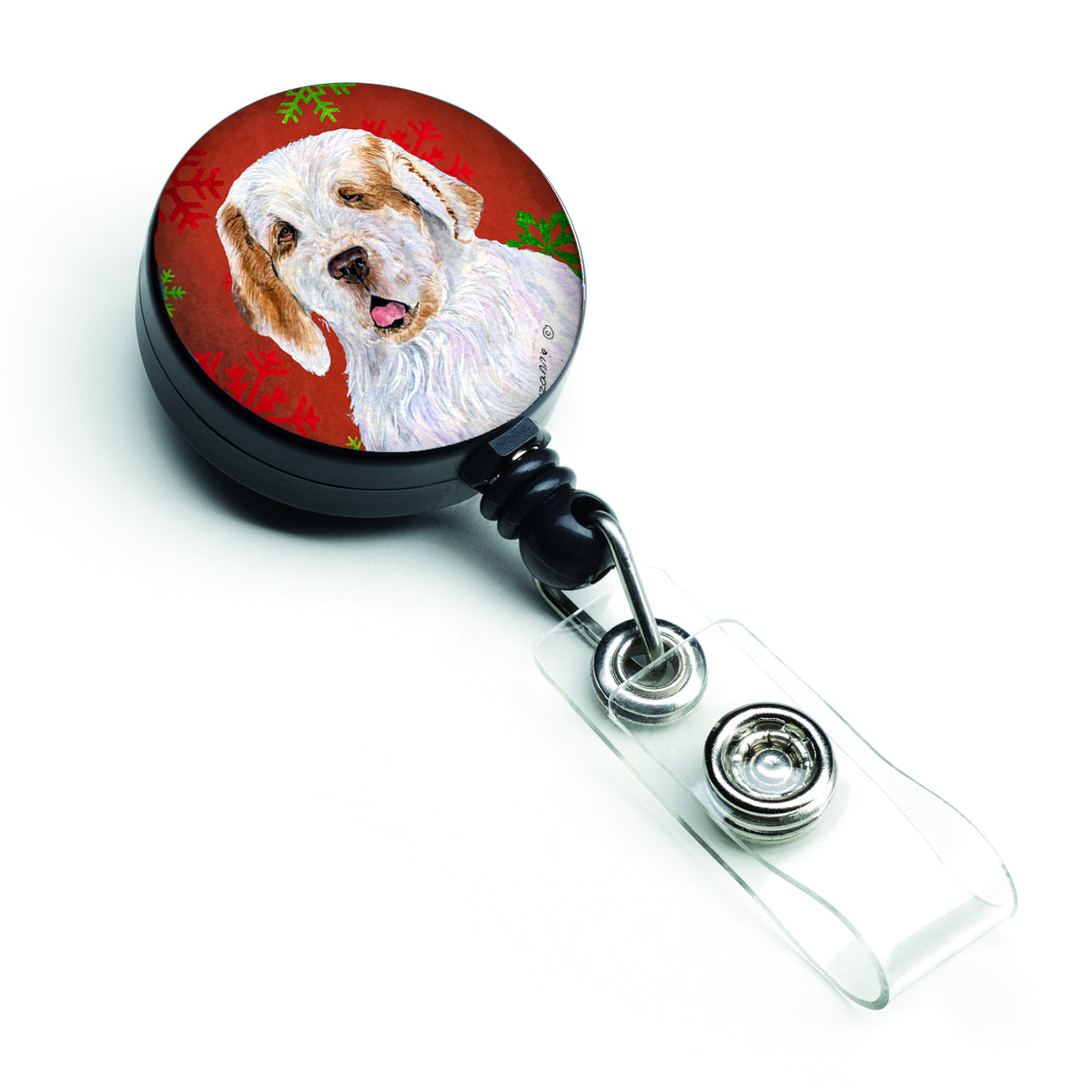 Clumber Spaniel Red and Green Snowflakes Holiday Christmas Retractable Badge Reel SS4707BR  the-store.com.