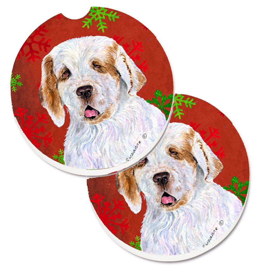 Clumber Spaniel Red and Green Snowflakes Holiday Christmas Set of 2 Cup Holder Car Coasters SS4707CARC by Caroline&#39;s Treasures