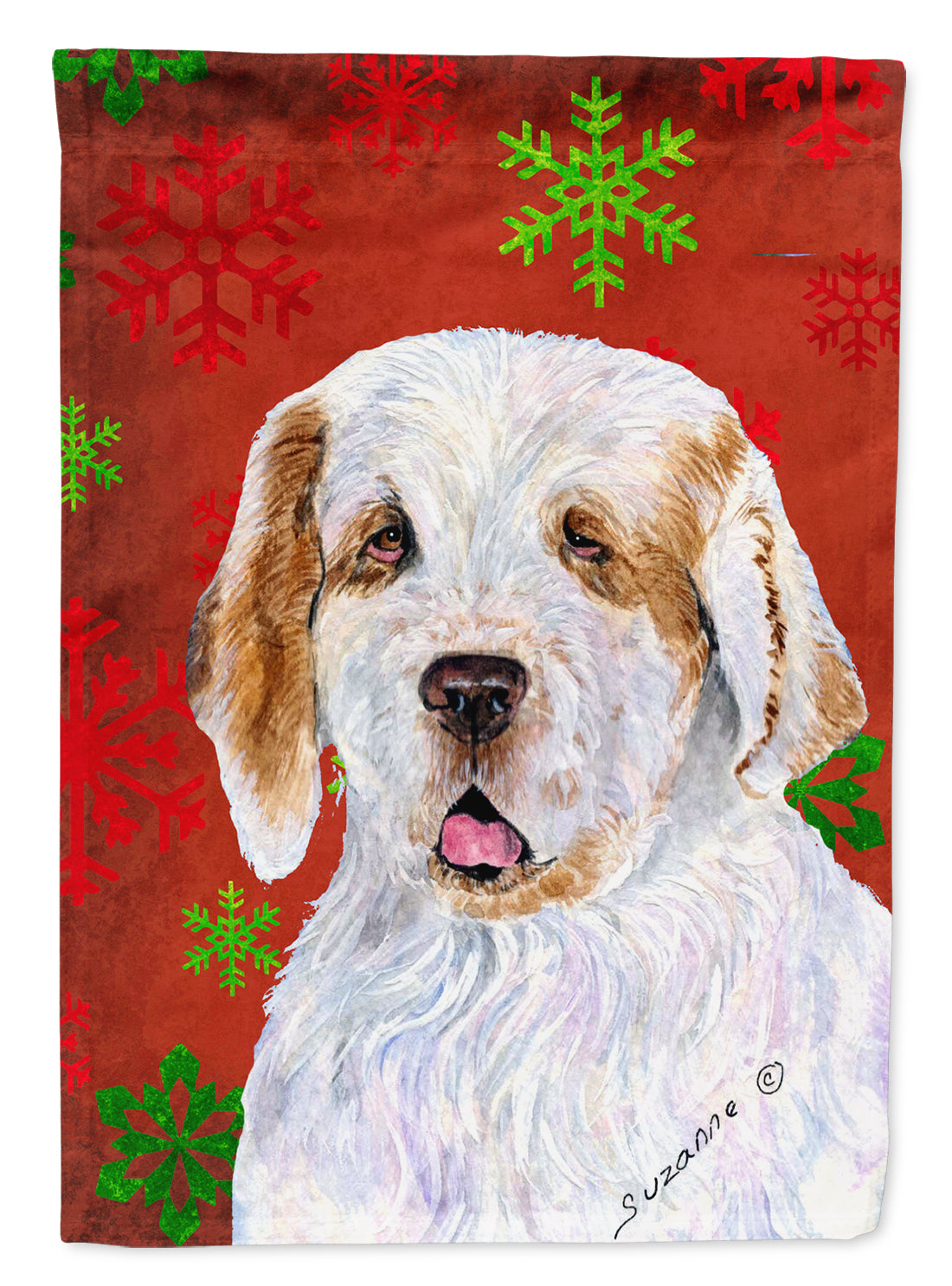 Clumber Spaniel Red Green Snowflakes Holiday Christmas Flag Canvas House Size  the-store.com.