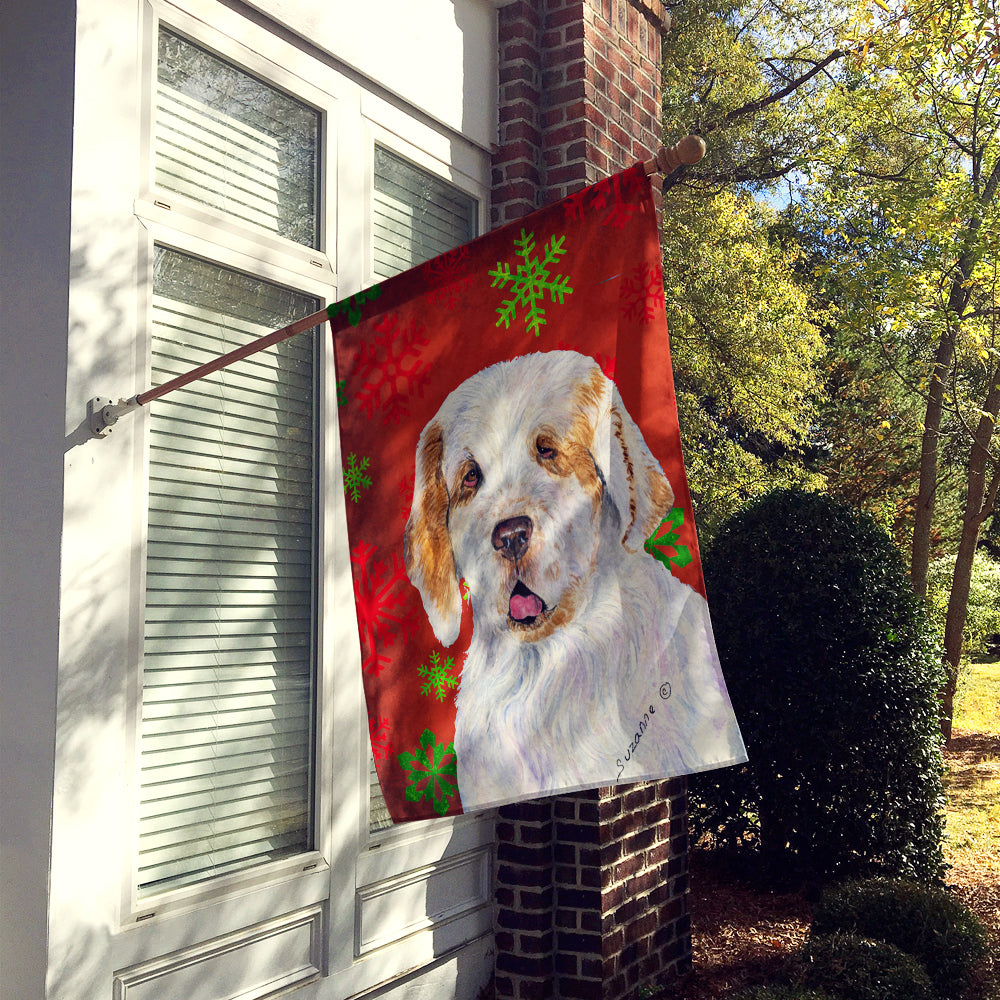 Clumber Spaniel Red Green Snowflakes Holiday Christmas Flag Canvas House Size  the-store.com.