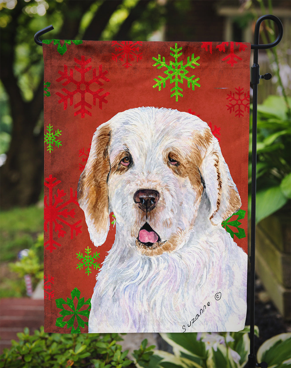 Clumber Spaniel Red and Green Snowflakes Holiday Christmas Flag Garden Size.