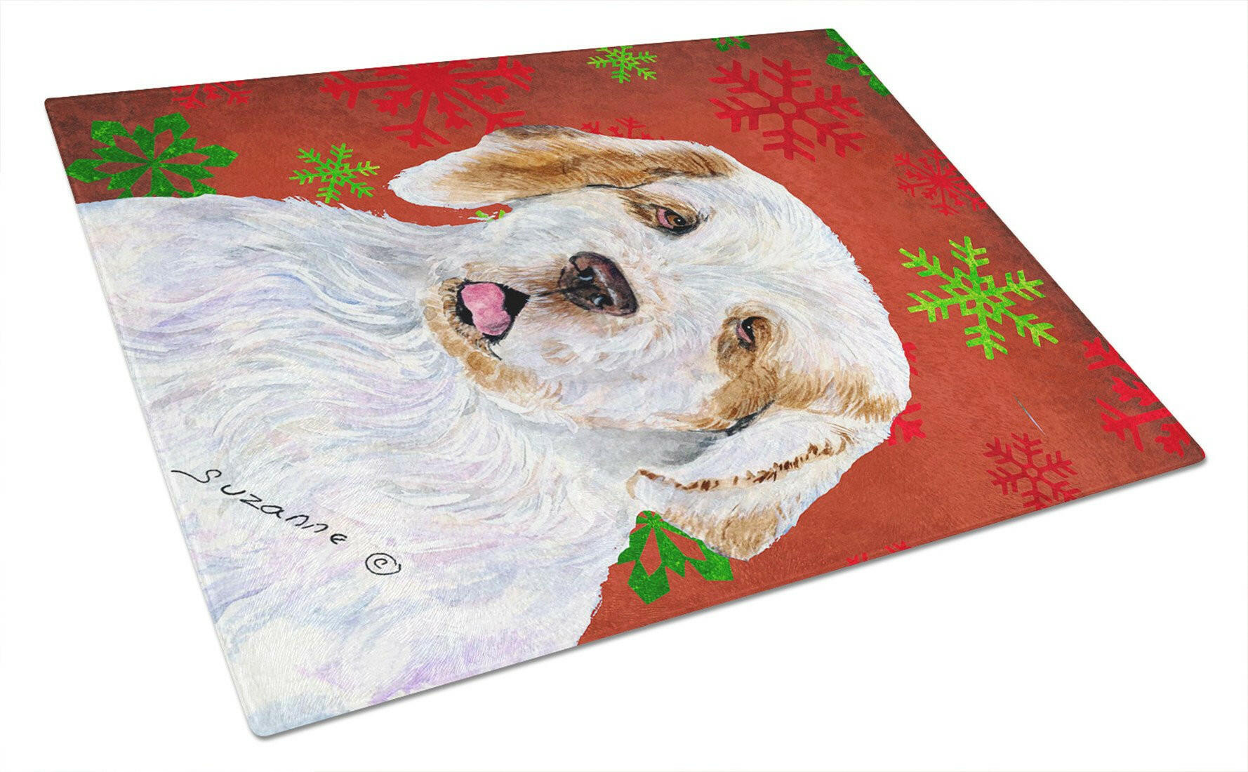 Clumber Spaniel Red and Green Snowflakes Christmas Glass Cutting Board Large by Caroline's Treasures