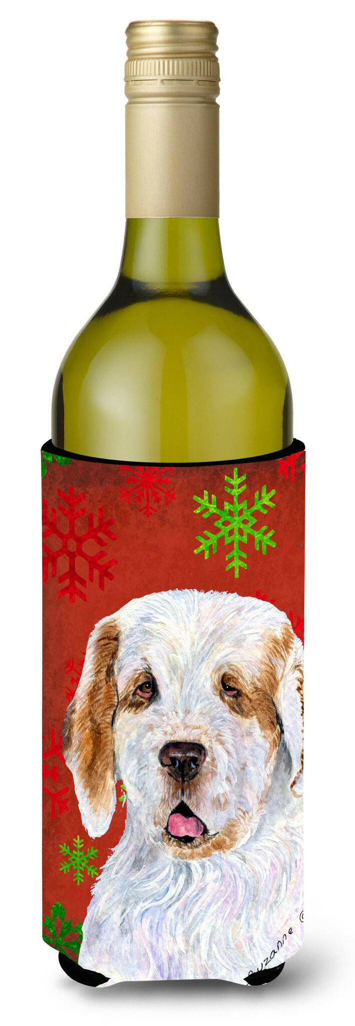 Clumber Spaniel Red and Green Snowflakes Holiday Christmas Wine Bottle Beverage Insulator by Caroline's Treasures