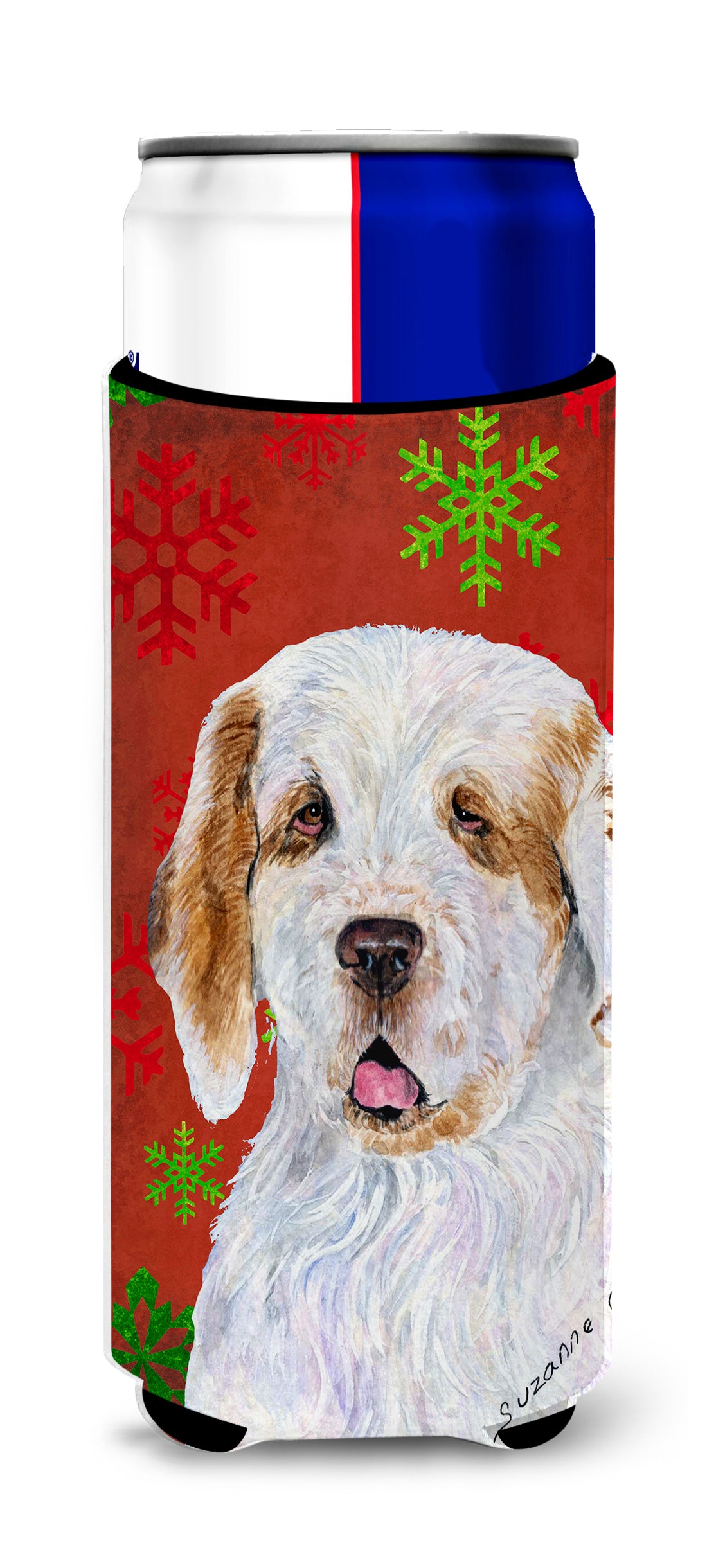 Clumber Spaniel Red and Green Snowflakes Holiday Christmas Ultra Beverage Insulators for slim cans SS4707MUK.
