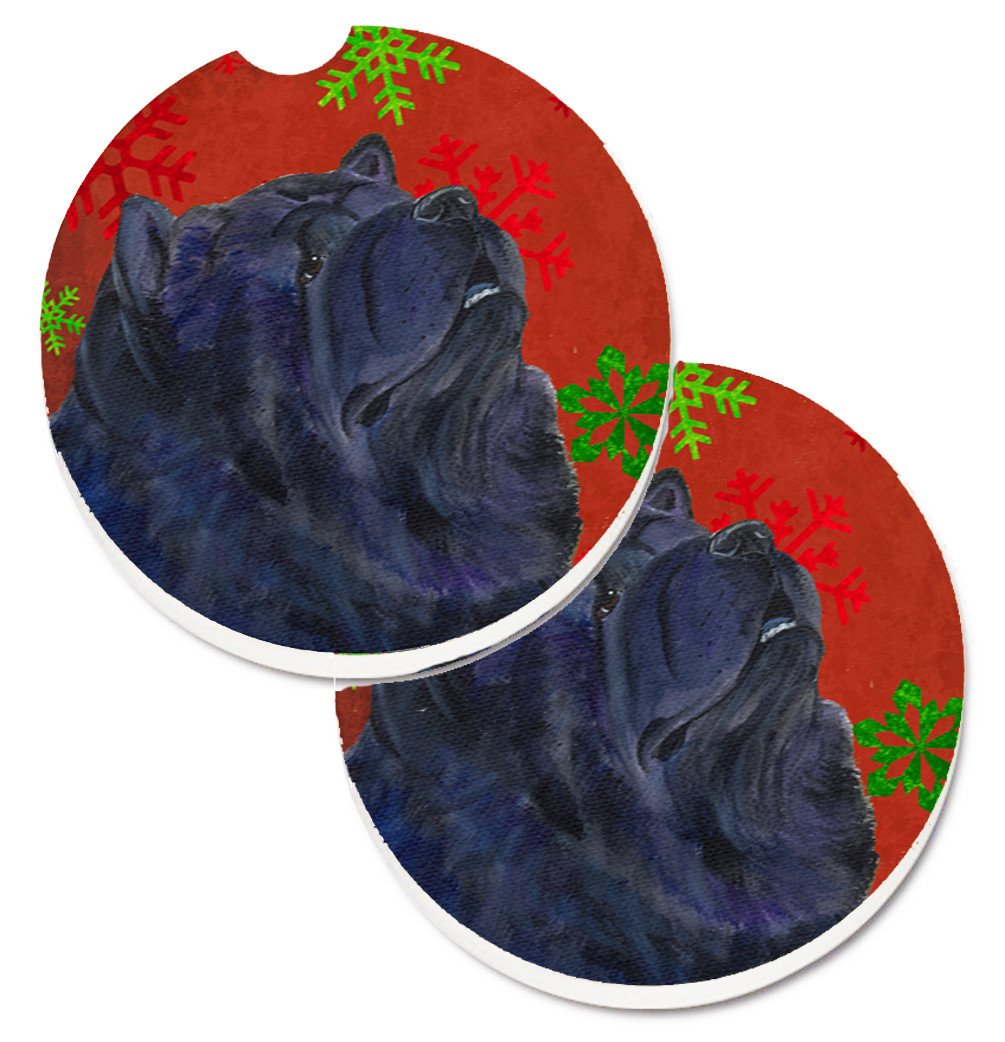 Chow Chow Red and Green Snowflakes Holiday Christmas Set of 2 Cup Holder Car Coasters SS4708CARC by Caroline&#39;s Treasures
