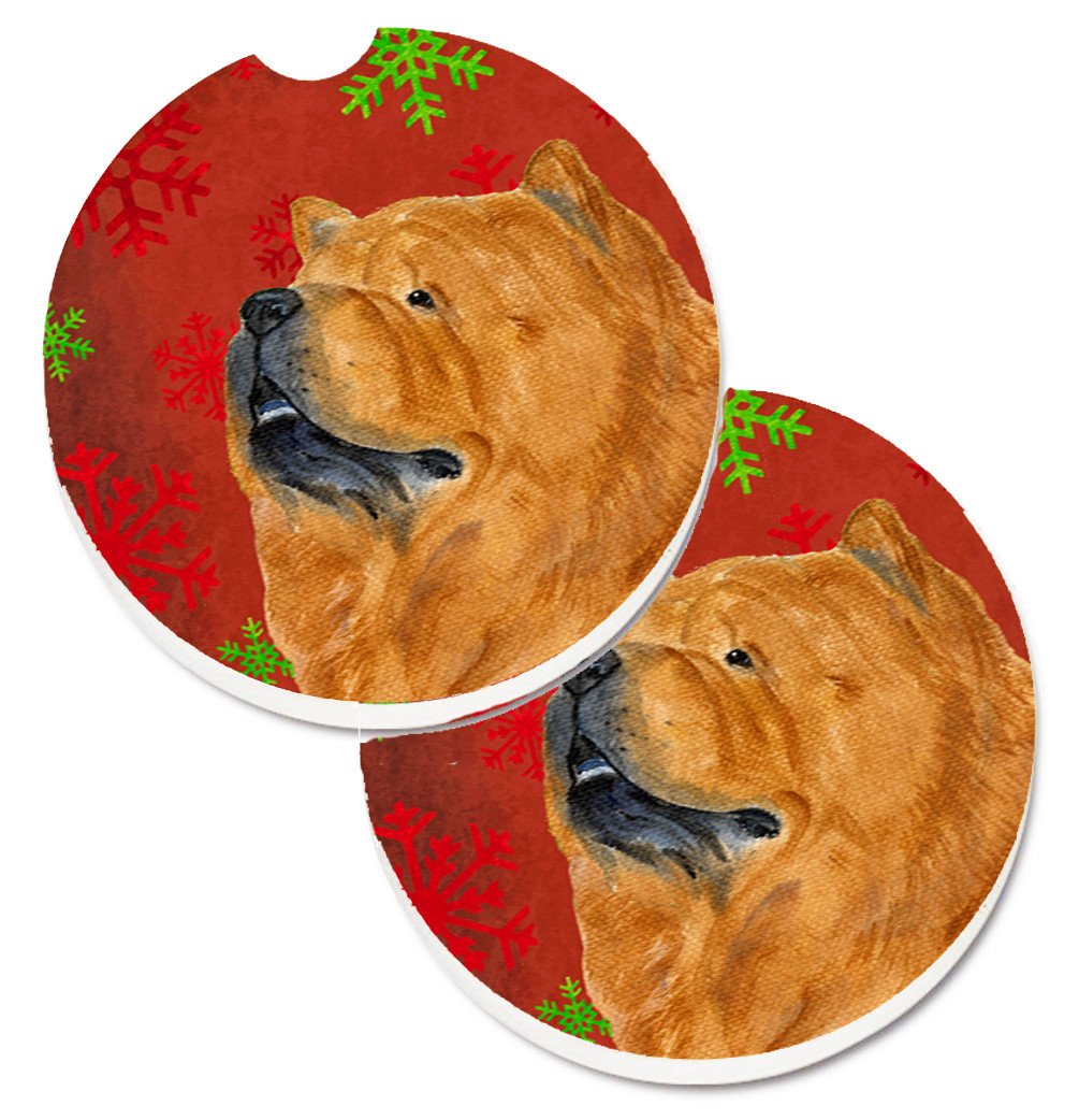 Chow Chow Red and Green Snowflakes Holiday Christmas Set of 2 Cup Holder Car Coasters SS4709CARC by Caroline&#39;s Treasures