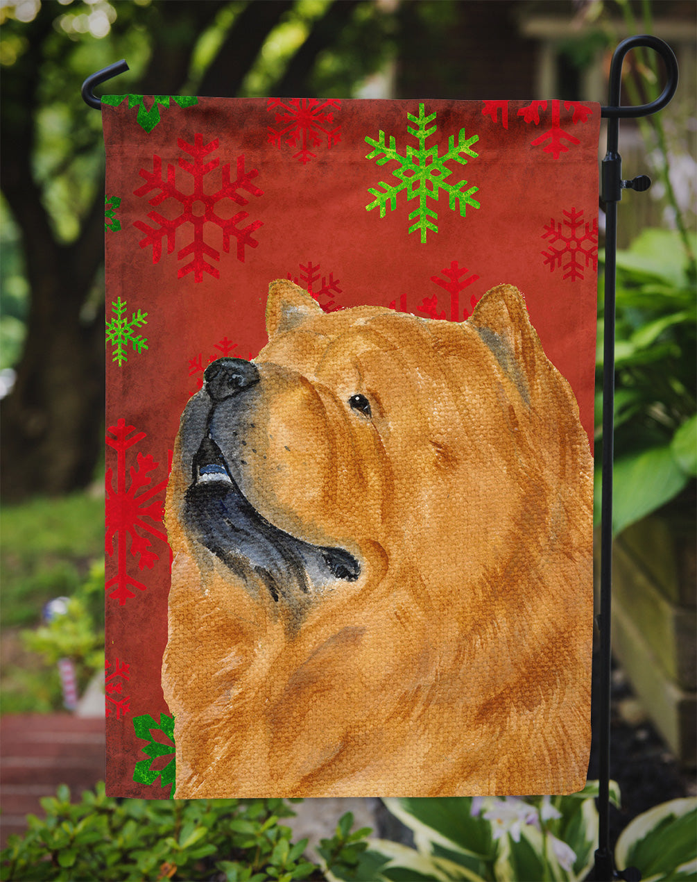 Chow Chow Red and Green Snowflakes Holiday Christmas Flag Garden Size.