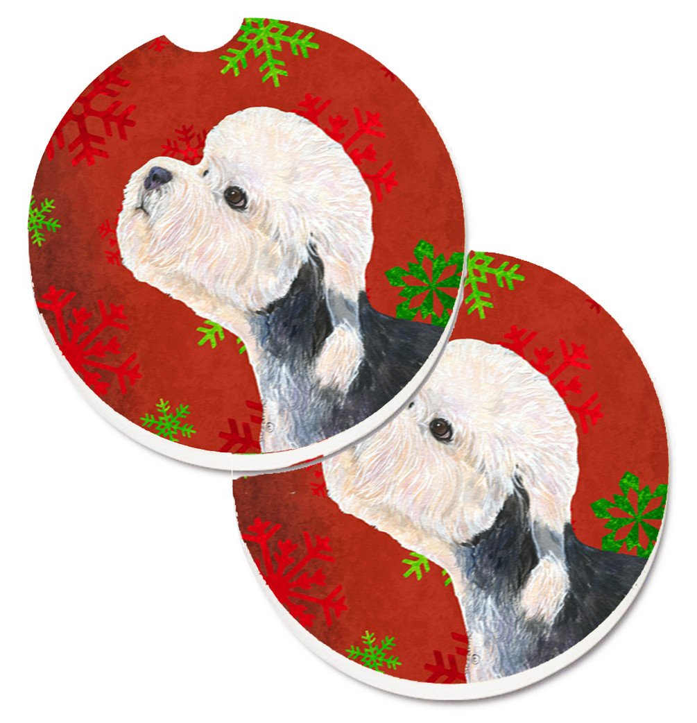 Dandie Dinmont Terrier Red Green Snowflakes Christmas Set of 2 Cup Holder Car Coasters SS4710CARC by Caroline&#39;s Treasures
