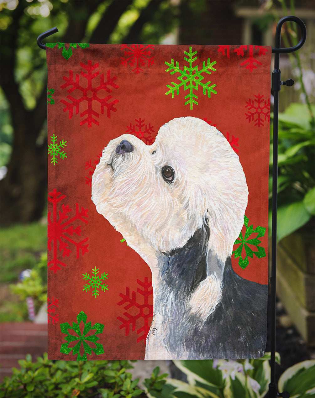 Dandie Dinmont Terrier Red Green Snowflakes Christmas Flag Garden Size