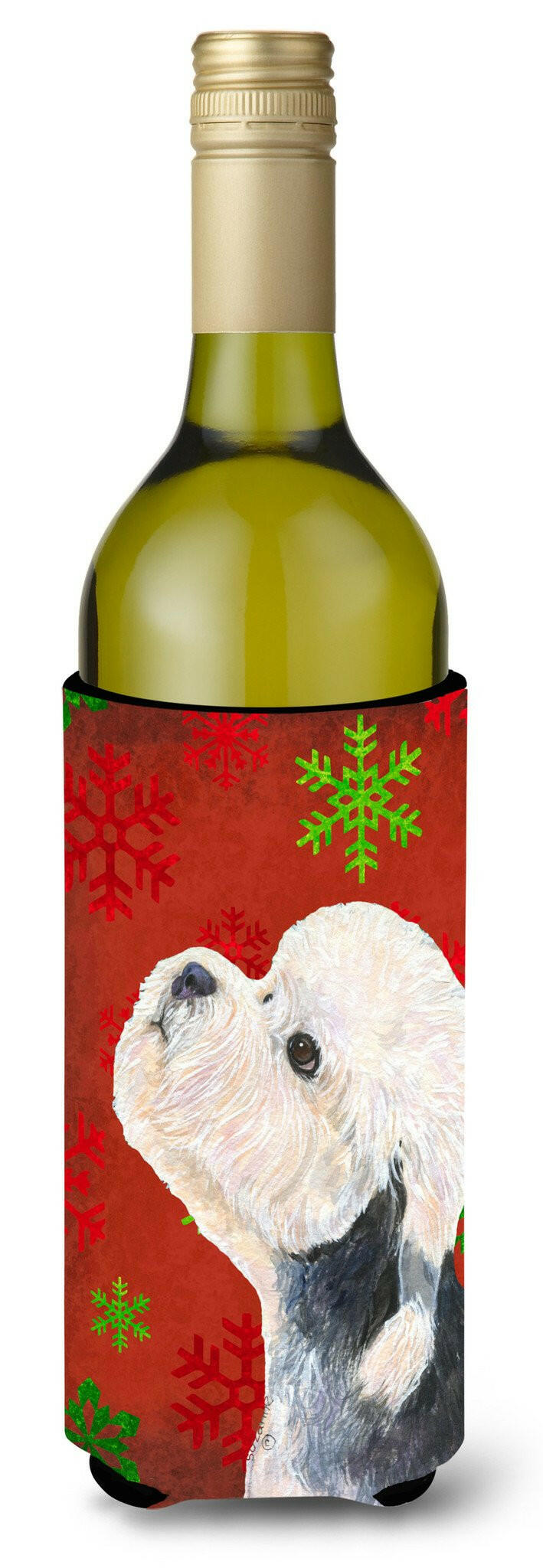 Dandie Dinmont Terrier Red Green Snowflakes Christmas Wine Bottle Beverage Insulator Beverage Insulator Hugger by Caroline's Treasures