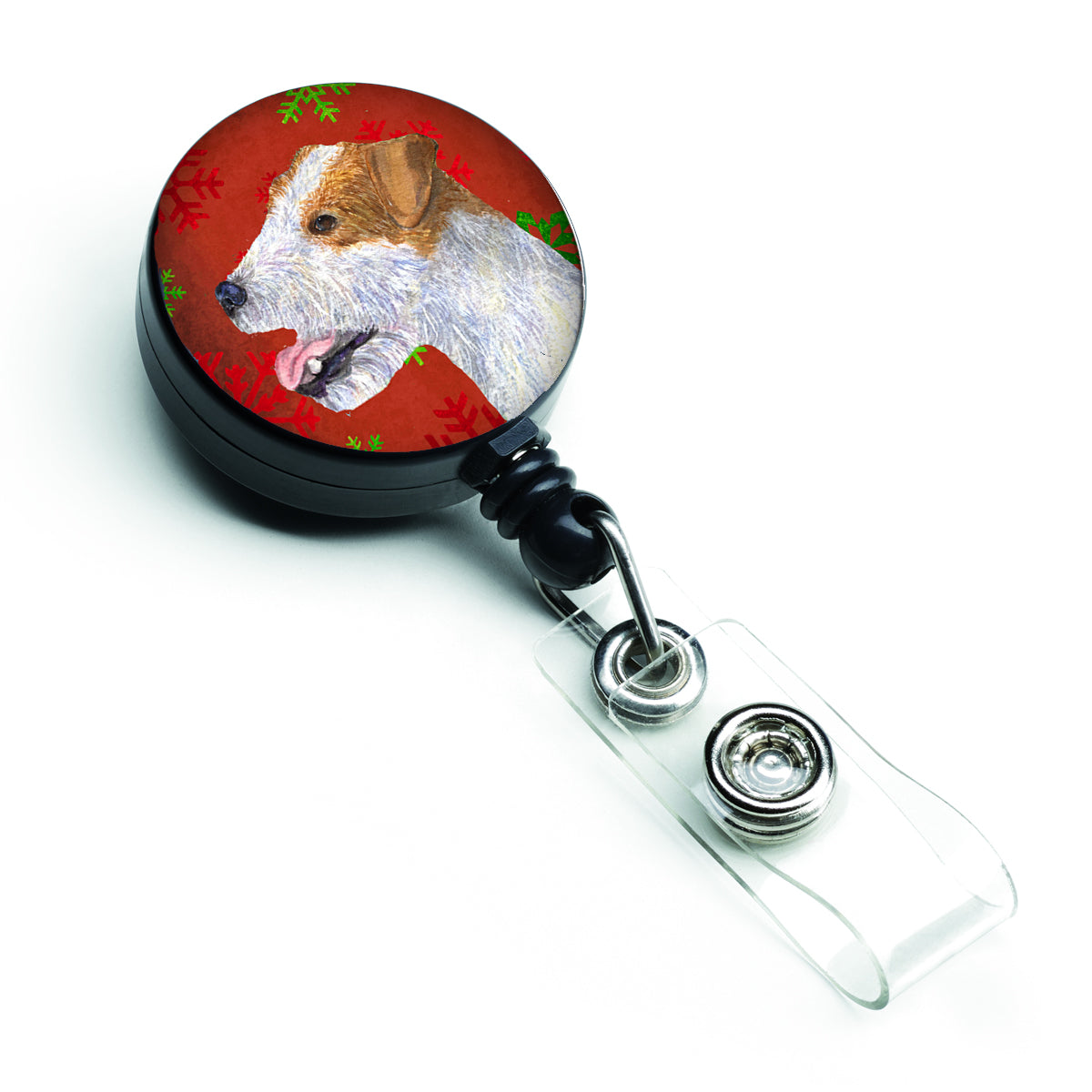 Jack Russell Terrier rouge vert flocons de neige vacances Noël rétractable badge bobine SS4711BR