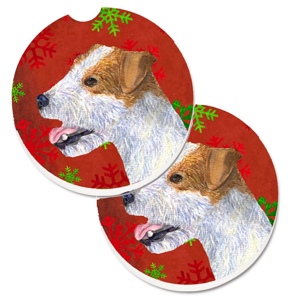 Jack Russell Terrier Red Green Snowflakes Holiday Christmas Set of 2 Cup Holder Car Coasters SS4711CARC by Caroline&#39;s Treasures