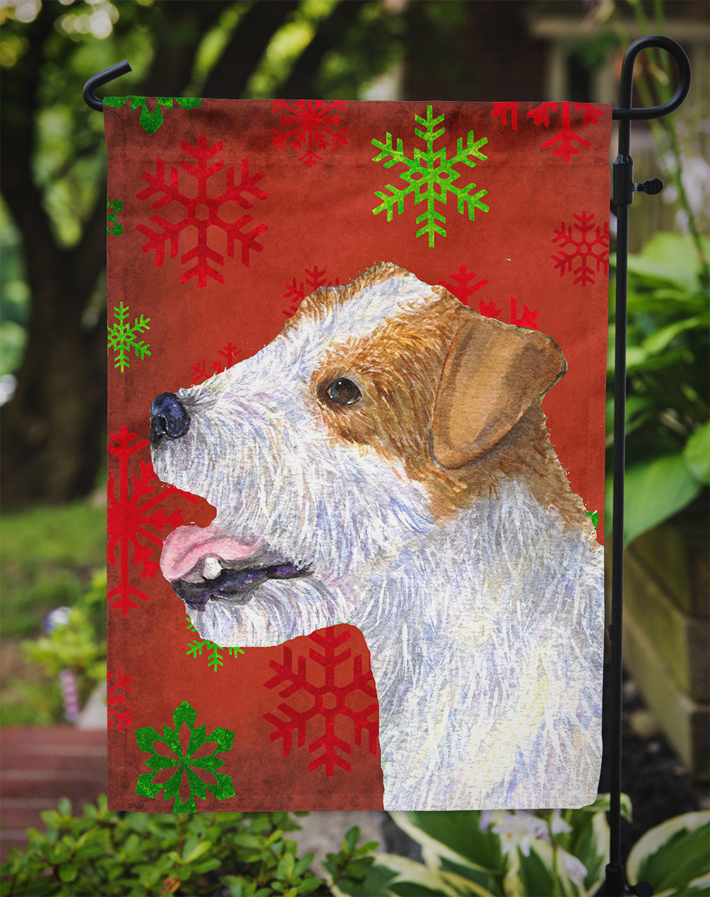Jack Russell Terrier Red Green Snowflakes Holiday Christmas Flag Garden Size.