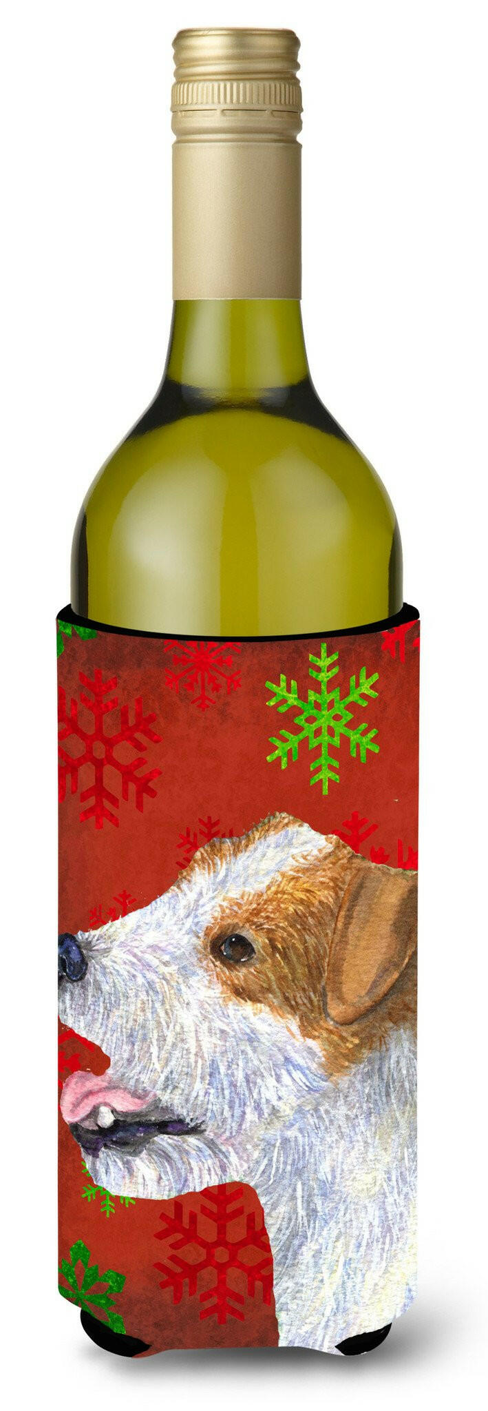 Jack Russell Terrier Red Green Snowflakes Holiday Christmas Wine Bottle Beverage Insulator by Caroline&#39;s Treasures